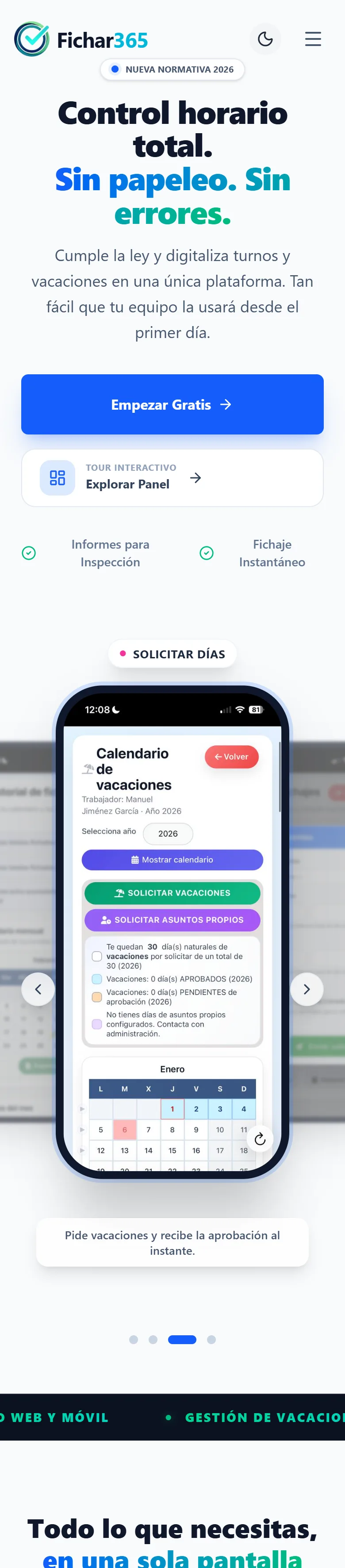 Web de Fichar365 vista en un móvil
